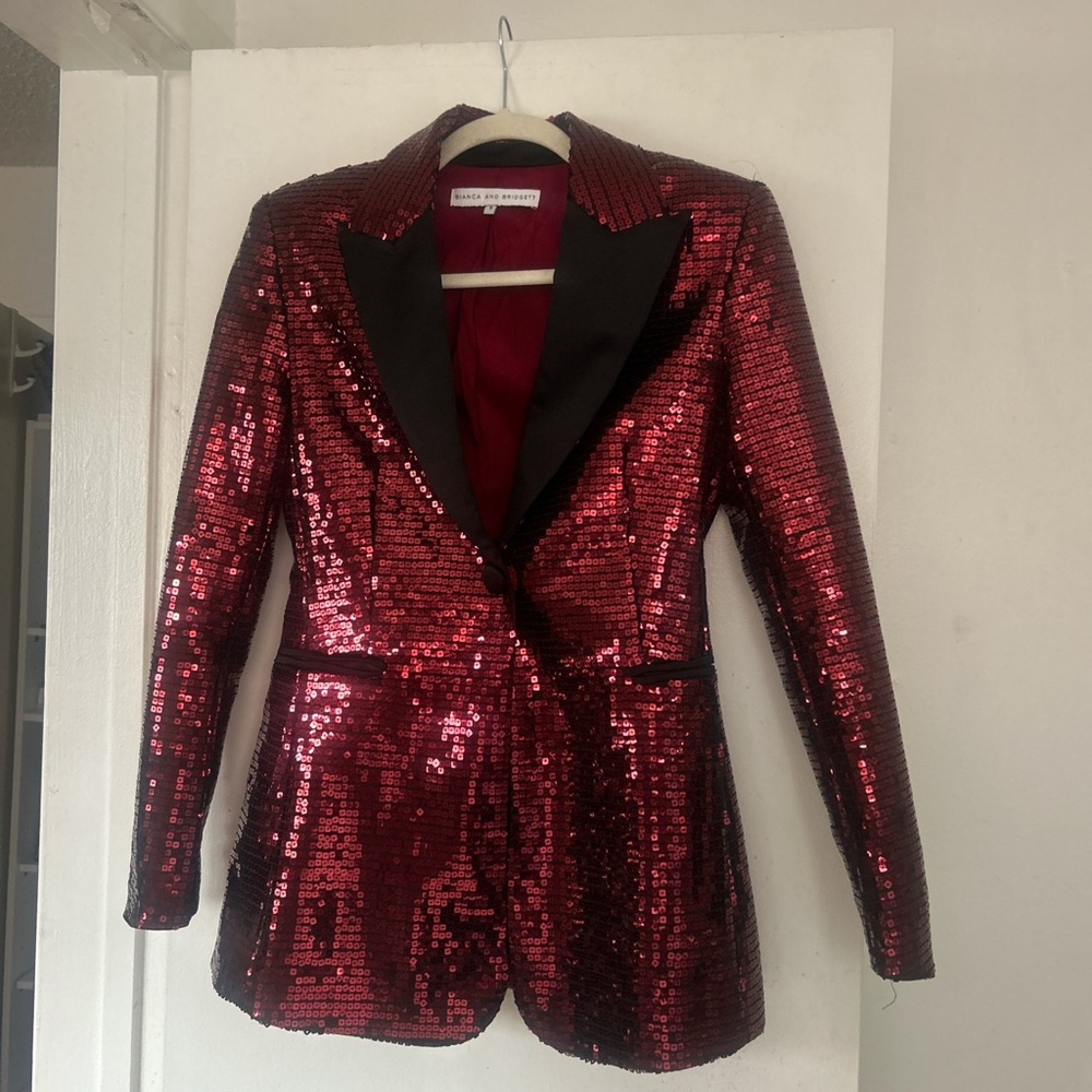 Elegant Red Sequin Tuxedo Blazer